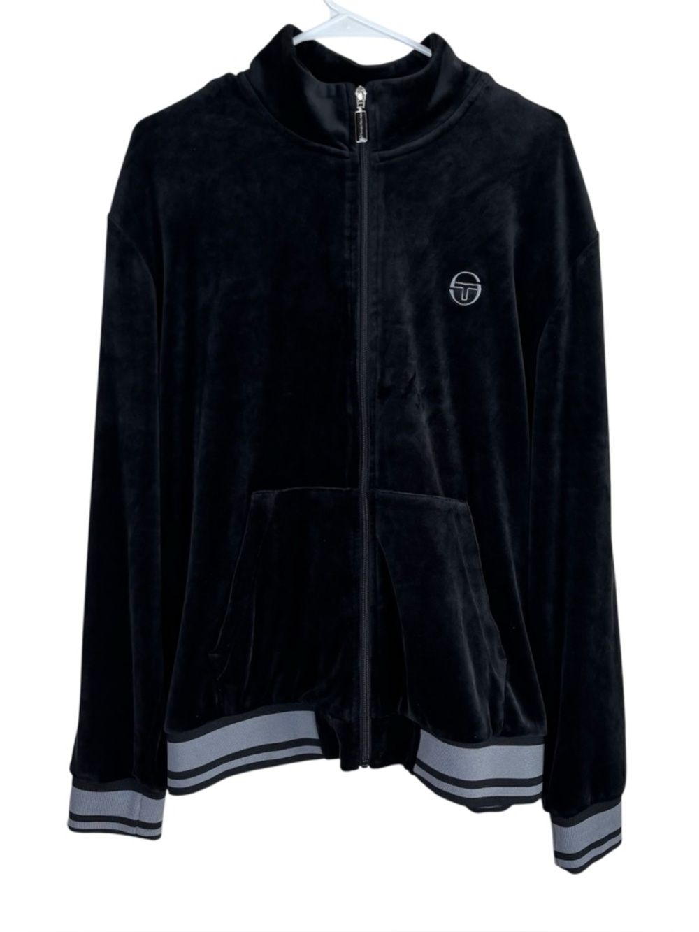 Sergio Tacchini Viaggioa Velour Track Jacket Size XL Black Gray Luxe Sportswear